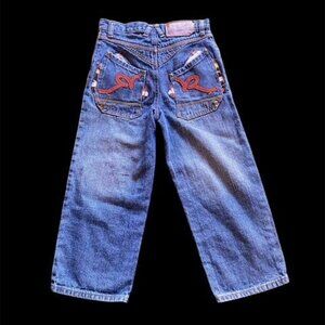 Y2K Rocawear Embroidered Denim Jeans Size 6 Baggy Wide Leg Punk Skater